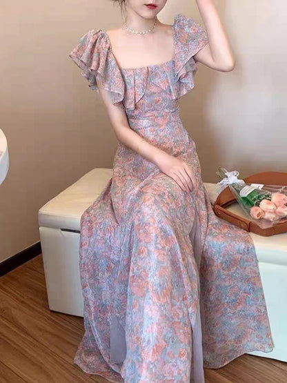 liwuka Floral Dress Women Off Shoulder Vintage French Elegant Sexy Spliced Lady Summer Gentle Slim Temper Платье Женское Sweet Designer