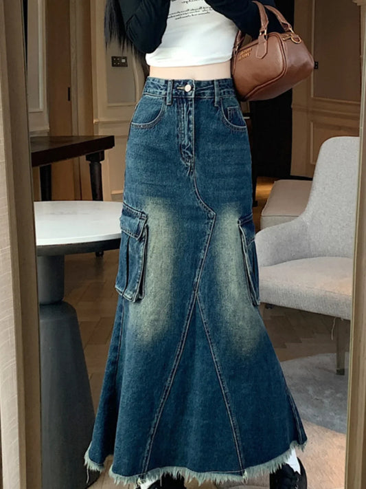 liwuka Women's A-line Denim Skirt Vintage 90s Aesthetic Y2k Long Cowboy Skirt Harajuku Korean Emo Jean Skirt 2000s Clothes Summer 2024