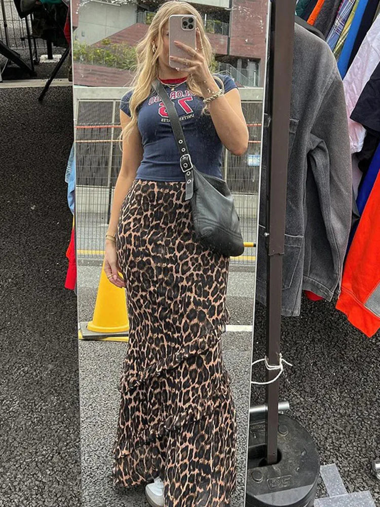 liwuka Leopard Printed Ruffled Maxi Skirt Female High Waist Slim Fashion Mesh Patchwork Streetwear Summer Women's Long Skirt 2024