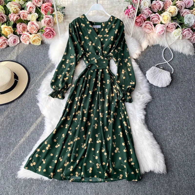 liwuka Korean Fashion Cherry Print Women Dress 2023 New Autumn Vintage Bandage Slim Waist Long Dress Elegant Party Vestidos