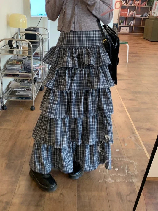 liwuka Harajuku Tiered Plaid Skirt Pleated High Waist Long Maxi Cake Skirt Mujer Summer Fashion Tshirt Sexy Two Piece Set Women