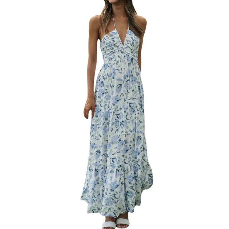 liwuka DRESS TO IMPRESS Women's Summer Chiffon Halter V Neck Sleeveless Floral Flowy A Line Maxi Dress Boho Backless Tiered Swing Long Beach Dresses