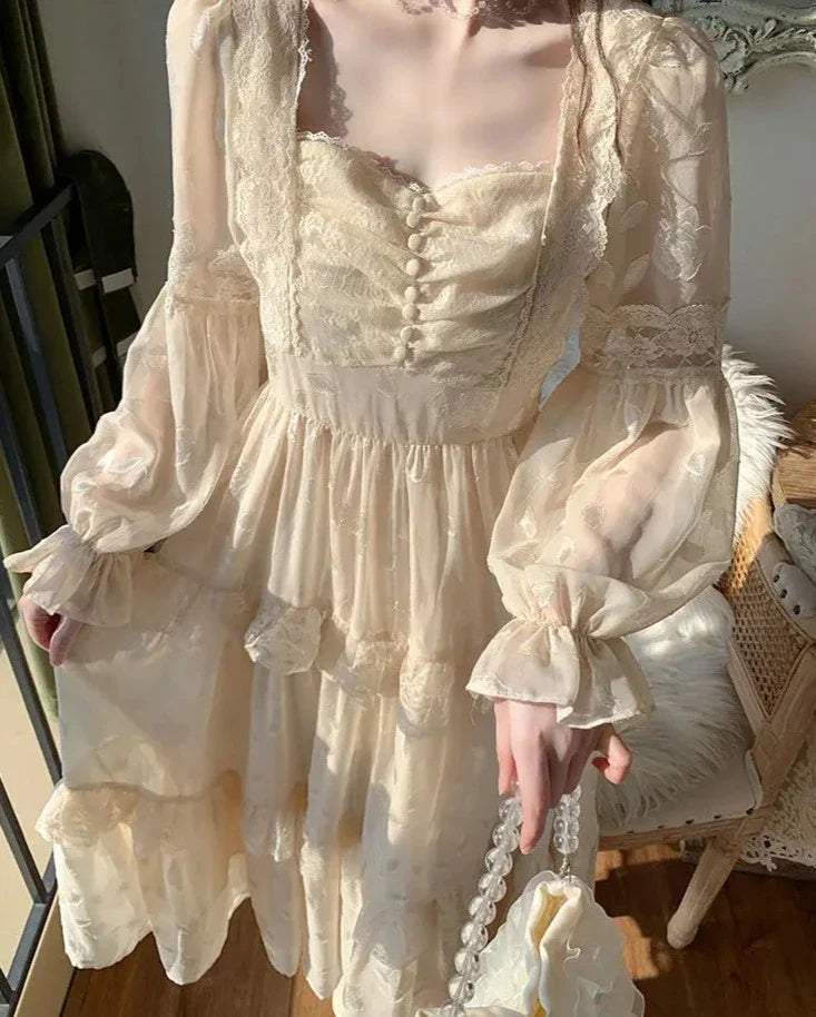 liwuka Court Vintage Fairy Dress Women Sweet Ruffles High Waist Elegant Princess Dress Female Summer Casual Classy Party Dress New