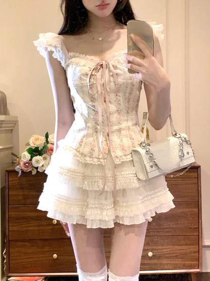 liwuka Summer Sweet Lace Print 2 Piece Set Women Bow Strappy Tops + Cake Mini Skirts Female Fashion Chic Kawaii Streetwear Suits 2024