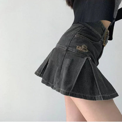 liwuka Denim Pleated Mini Skirt Vintage Sexy High Waist A-line Belt Women Embroidery Jean Short Skirt Summer Japanese Y2k