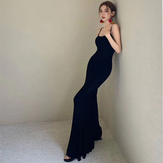 liwuka 100% Cotton Black Camis Dress Women Y2K Sexy Backless Sleeveless All-Match Midi Dress Female Summer Solid Streetwear Slim Dress