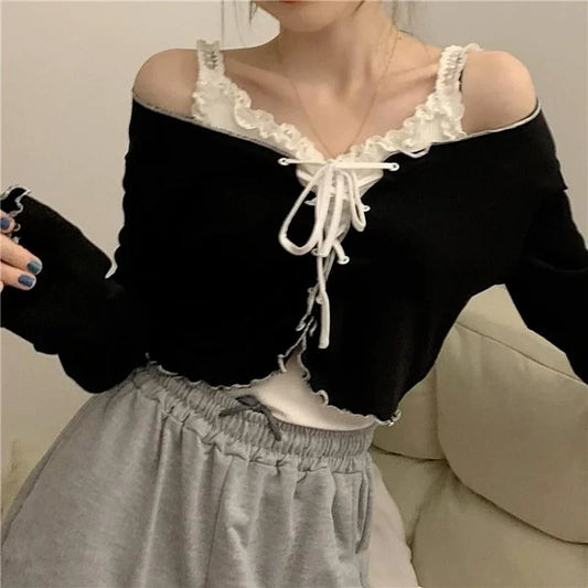 liwuka Women Long Sleeve T-shirts Lace-up Cardigan Patchwork Ruffles Trendy Sweet Lovely Crop Tops Sexy Females Coat Leisure Outwear