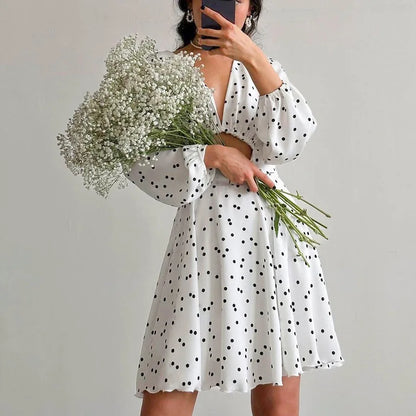 liwuka Summer Women's Long Sleeved Polka Dot Printed Dress V-neck Hollow Bubble Sleeve Temperament Slim Fit Flower Bud Skirt Women 2024