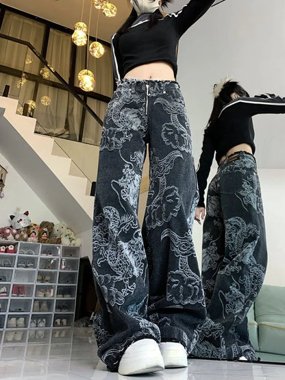 liwuka Women Dragon Print Jeans Black Gothic Baggy Vintage Aesthetic Cowboy Pants Harajuku Denim Trousers Y2k Trashy 2000s Clothes 2024