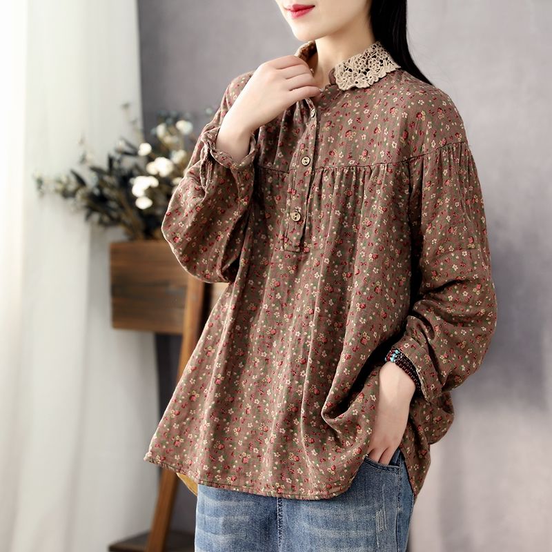 liwuka Women Long Sleeve Casual Shirts New Spring Vintage Style Lace Collar Floral Print Loose Female Cotton Tops Shirt D147