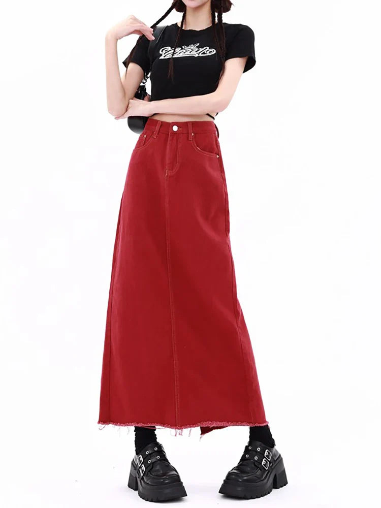 liwuka Women's Red Gothic A-line Denim Skirt with Slit Vintage Y2k Long Cowboy Skirts Harajuku Korean Jean Skirt 2000s Clothes Summer