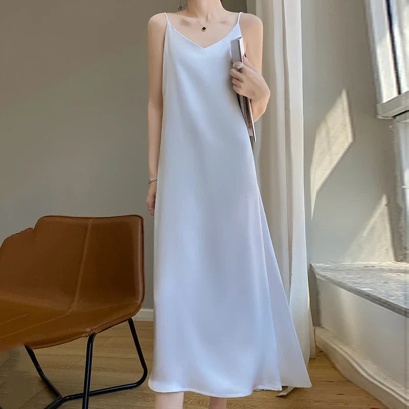 liwuka Silk High-Grade Dress New Spring/Summer Sleeveless V-Neck Dress Vest Slip Skirt Silk White With High-Grade Temperament