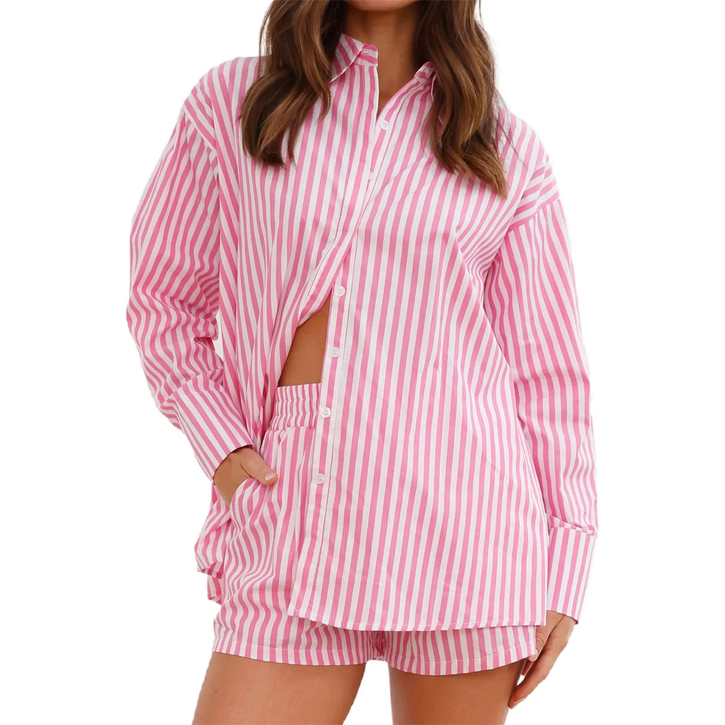 liwuka Women's Summer 2 Pieces Striped Outfits Long Sleeve Loose Button Down Lapel Shirts+Drawstring Waist Loose Shorts Set