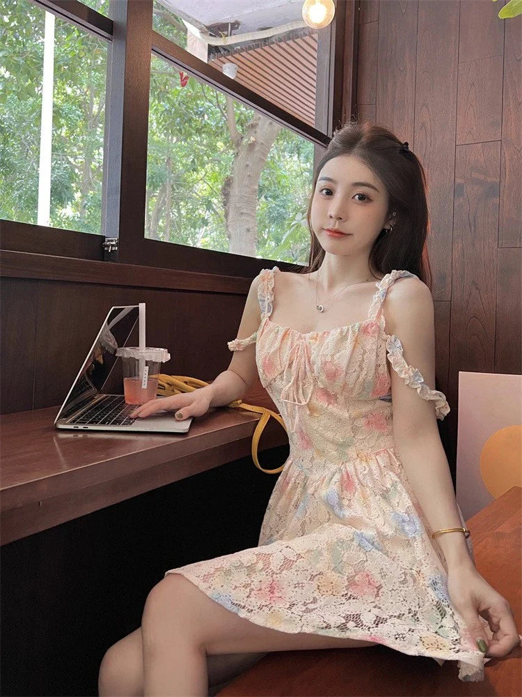 liwuka Summer New Korean Ins Square Collar Sexy Puff Sleeves Floral Holiday Short Dress Ladies dresses women