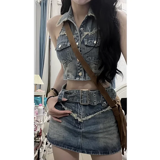 liwuka 2024 Summer Sleevelss Denim Skirt Suit Woman Vintage Short Cardigan + Elegant Slim Y2k Mini Skirt Korean Fashion Set Female