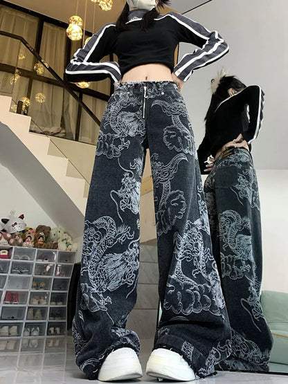 liwuka Women Dragon Print Jeans Black Gothic Baggy Vintage Aesthetic Cowboy Pants Harajuku Denim Trousers Y2k Trashy 2000s Clothes 2024