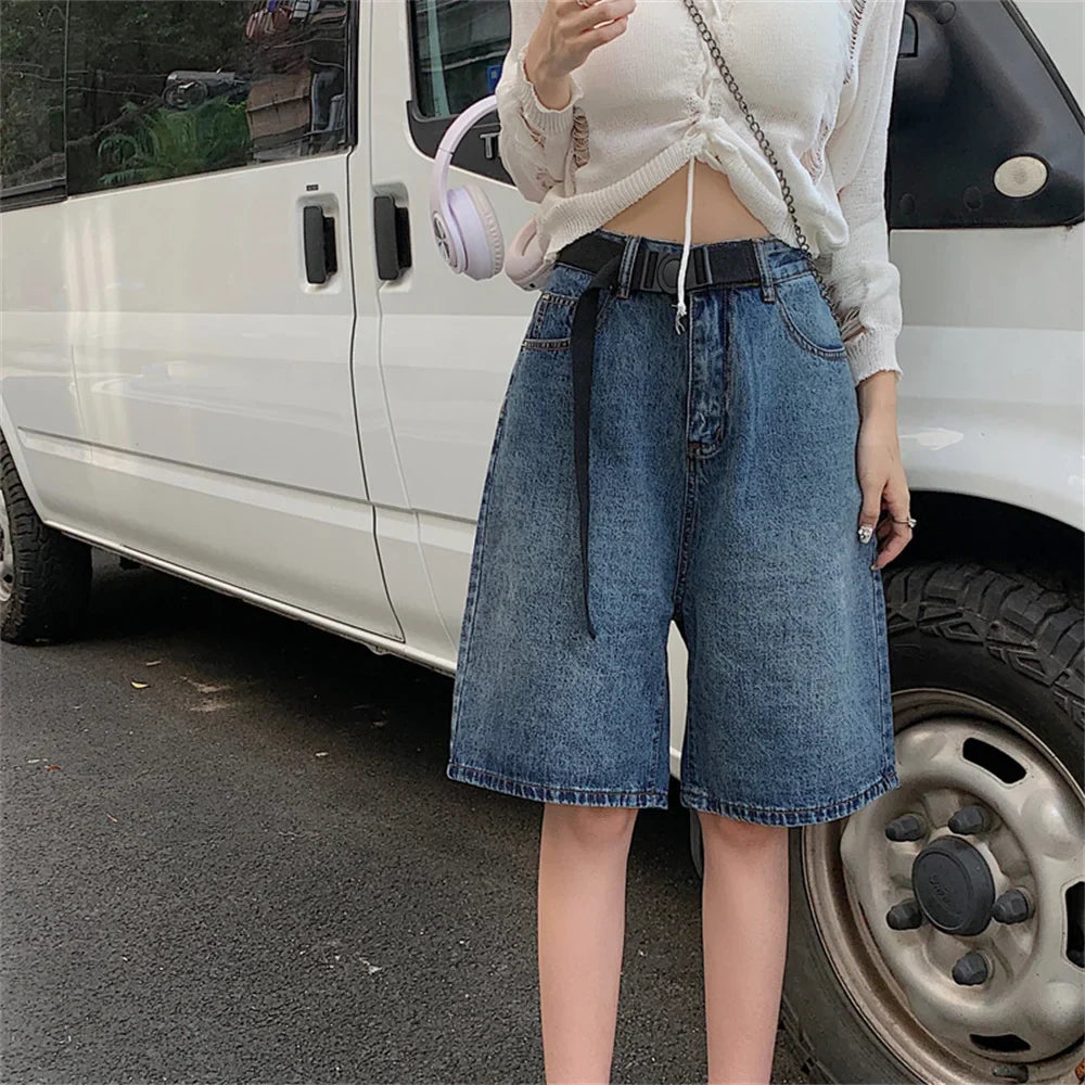 liwuka Retro Half Pants Women Wide Leg Summer 2023 New Slim-Fit Casual All Match Office Lady Denim Loose Jeanswear Shorts