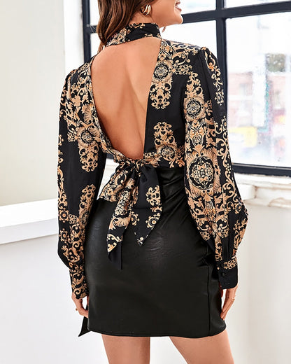 liwuka Casual Blouses women Baroque Print Puff Lantern Sleeve Backless Blouse Tops Women