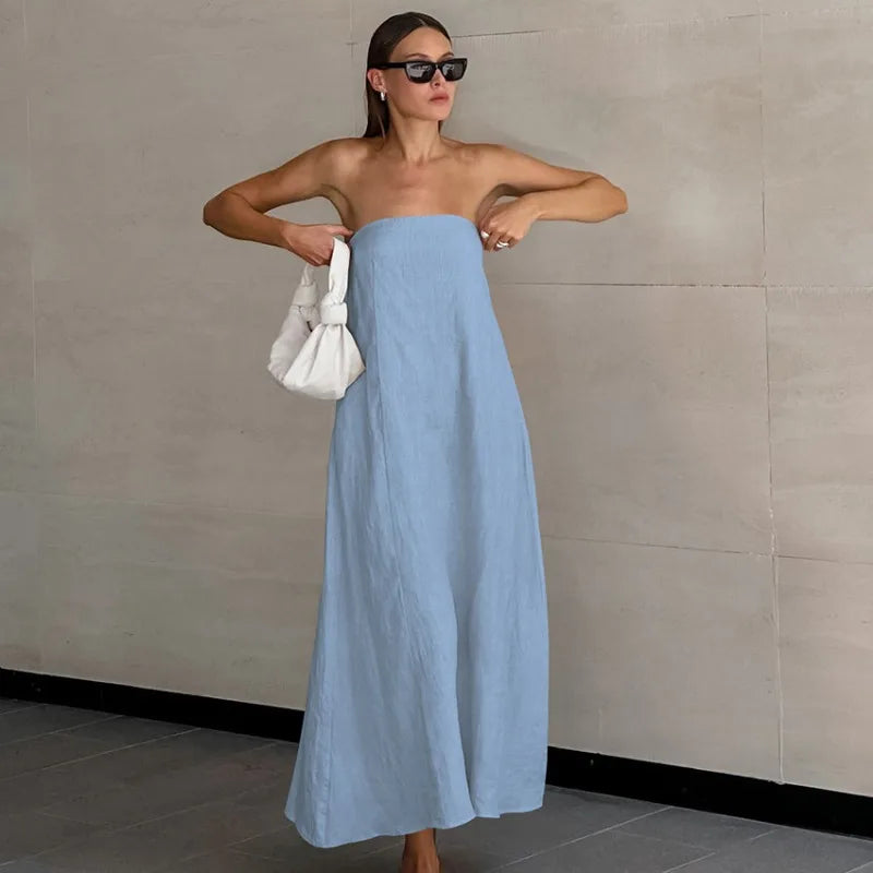 liwuka Minimalist Cotton Linen Design Strapless Dress Summer Women's Personal Street Elastic Backless Pocket Vacation Beach Dress