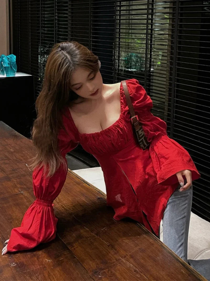 liwuka New Summer Korean Sexy Blouse Women Long Flare Sleeve Red Shirts for Women Square Neck Top Slim Short Blusas Mujer