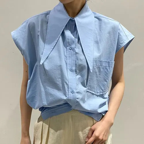 liwuka Simple Solid Color Lapel Women Blouses Loose Large Pocket Design Blusas Short Sleeve Shirts Korean Summer Top for Women