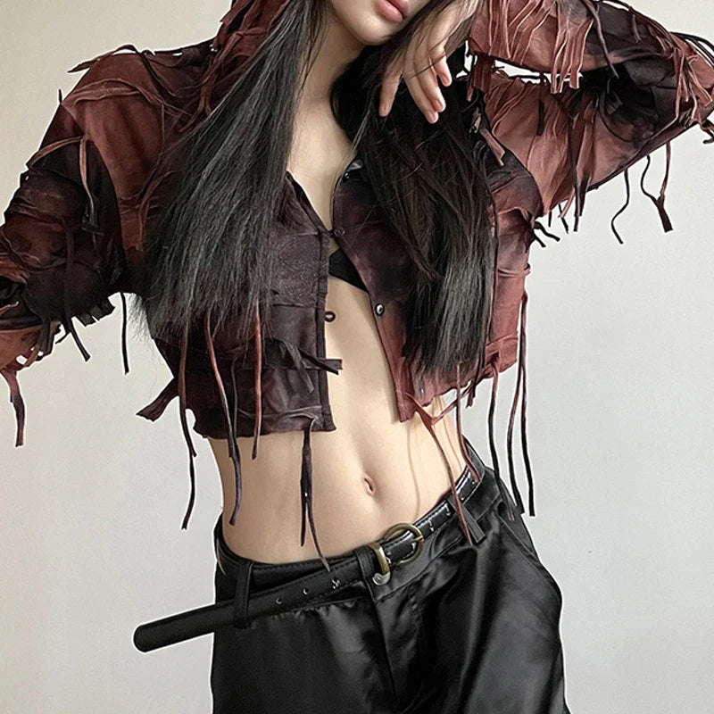 liwuka Goth Dark Fairy Grunge Y2k Tassel Hooded Cardigans Vintage Gothic Long Sleeve Women Blouses Streetwear Single-breasted Crop Tops