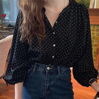 liwuka New Fashionable Elegant Office Lady Buttons Oversize Dot Korean Style Wild Spring Summer Women's Blouses Shirts Tops