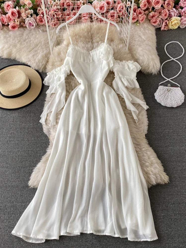 liwuka Summer White Long Dress Women Sexy Off Shoulder Strapless Backless Ruffle Beach Dresses Elegant Ladies Maxi Dresses Vintage Robe