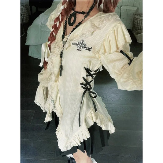 liwuka Gothic Coquette Y2k Shirt Women Irregular Aesthetic Blouses Vintage V Neck Grunge Japanese Harajuku Fashion Lolita