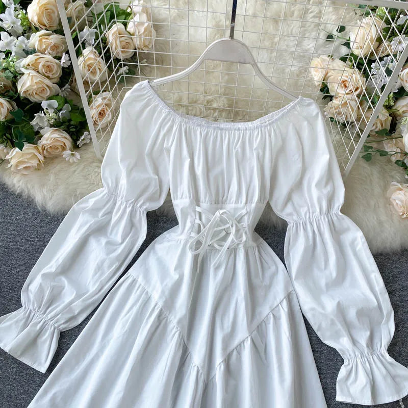 liwuka Autumn Dress Elegant Gothic Women White Black Bandage Mini Dress Sexy Off Shoulder Long Sleeve Korean Party Vestidos