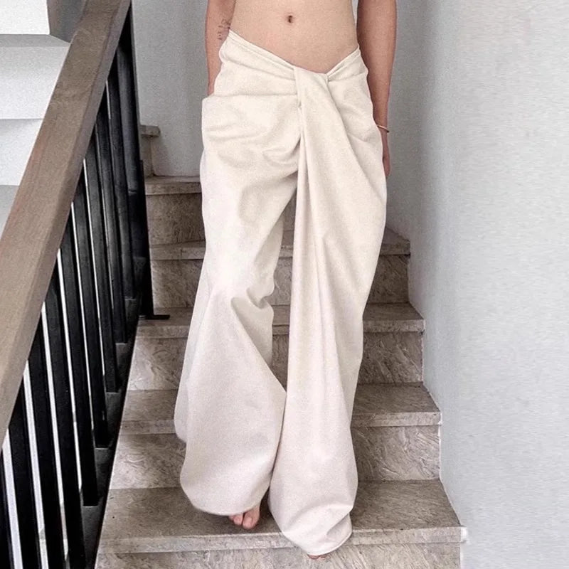 liwuka Simple And Plain Wide Leg Pants For Women With A Casual And Loose Design. Irregular Twisted Waist And Slim Waist Pants