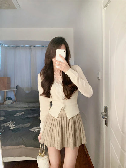 liwuka Spring 2 Piece Dress Set Women Korean Fashion Y2k Clothing Sweet Cardigan + Mini Skirts Elegant Bodycon Knitted Suits Chic