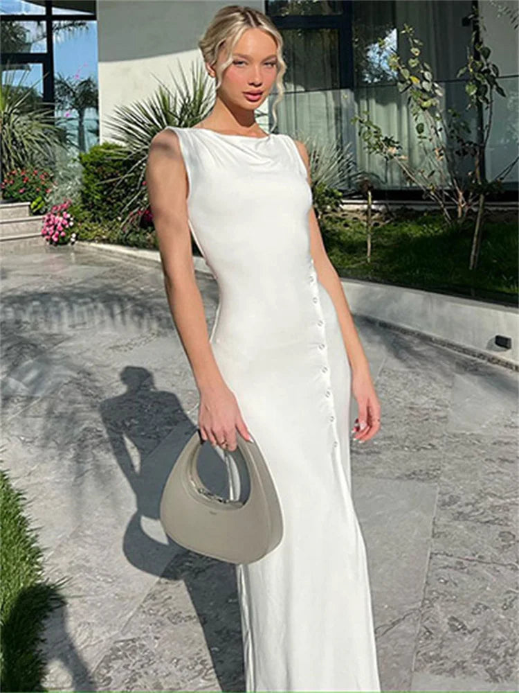 liwuka Summer Elegant White Maxi Dress High Waist Sleeveless Patchwork Women's Party Dress High Split Solid Fashion Women Dress