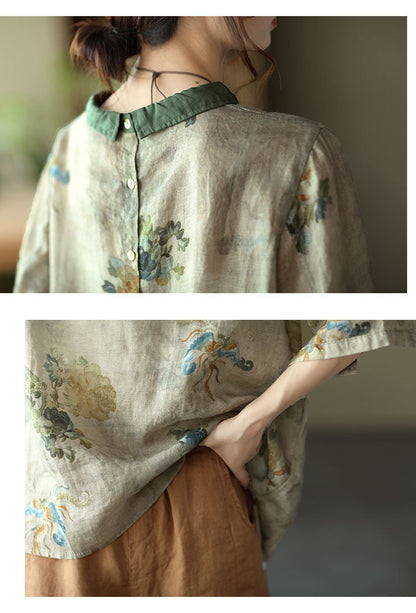 liwuka Women Summer Casual Shirts New Vintage Style Floral Print Loose Comfortable Cotton Linen Female Half Sleeve Tops