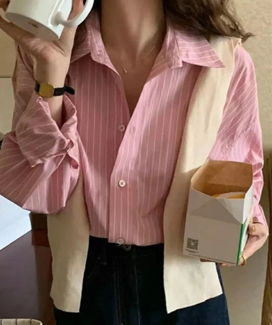 liwuka Pink Striped Shirts for Women Spring Summer Korean Loose Turn Down Collar Long Sleeve Tops Casual Harajuku Blouses