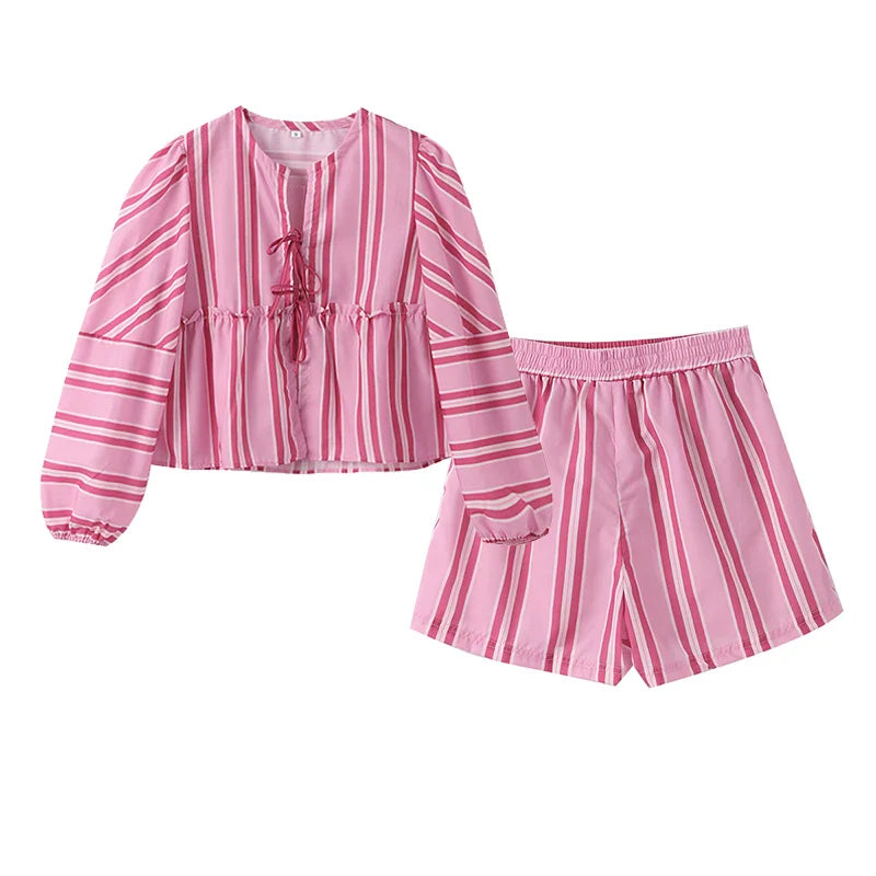 liwuka Panelled Striped Shorts Sets For Women 2piece Lace Up Shirts Set High Waist Wide Leg Short Pant 2024 Summer Fashion Lady Outfits