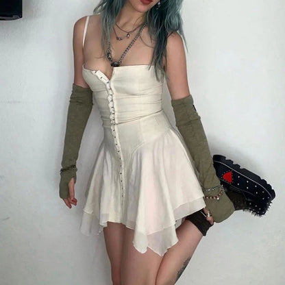 liwuka E-girl Harajuku Grunge Mini Dress Y2K Aesthetics Fairy Sexy Low Cut Front Hook Irregular Hem Backless Corset Dress Streetwear