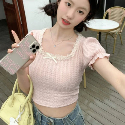 liwuka Sweet Kawaii Short Sleeve Women Pink Bow Lace Korean Style Crop Top Slim Up Cute Patchwork Black Summer Aesthetics Tees