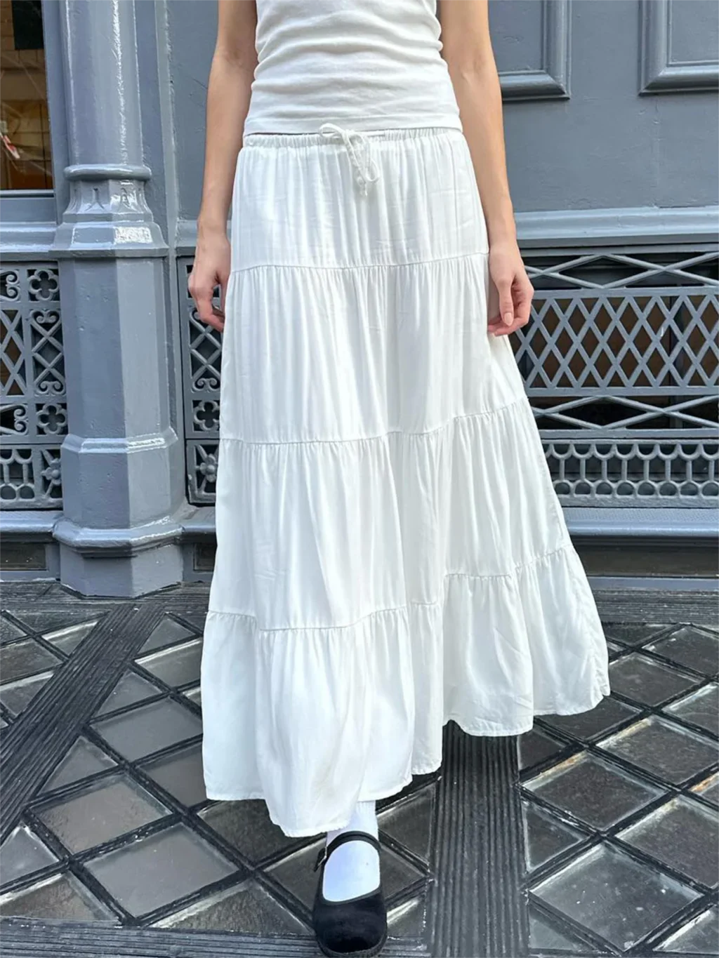 liwuka Folds Lace-up White Maxi Skirts Woman Summer High Waist A-line Loose Faldas Casual Simple Preppy Style Sweet Cute Long Skirt