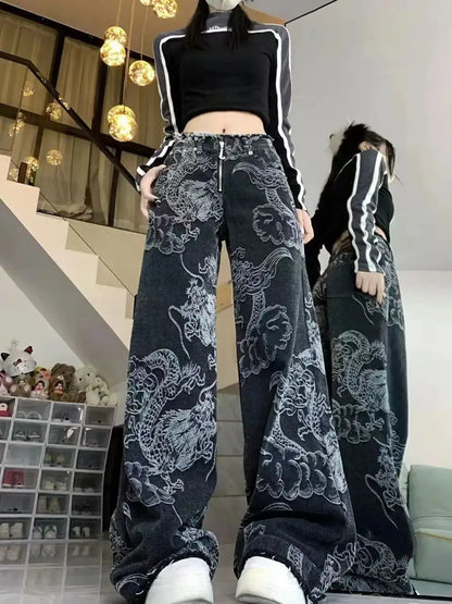 liwuka Women Dragon Print Jeans Black Gothic Baggy Vintage Aesthetic Cowboy Pants Harajuku Denim Trousers Y2k Trashy 2000s Clothes 2024