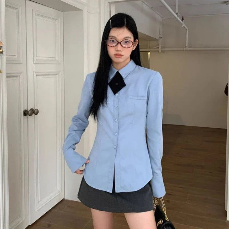 liwuka Preppy Style Blue Shirts Women Korean Style Blouses with Tie Casual Long Sleeve Slim Cute Tops Basic Japanese Fashion