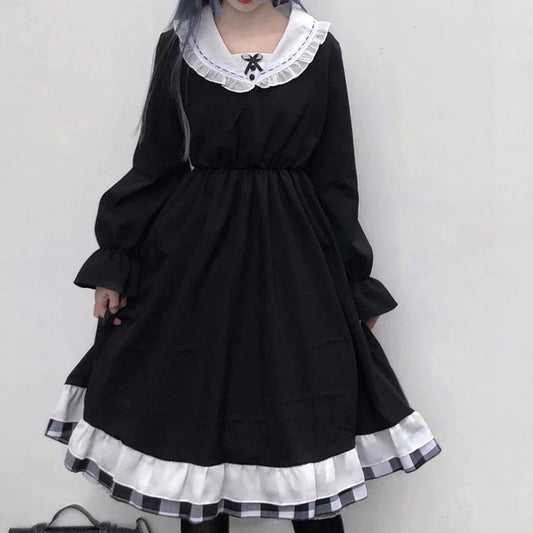 liwuka Japanese Kawaii Black Women Dress Spring Summer V-Neck High Waist Slimming Sweet Lolita Dresses Kawaii Ladies Dresses Vestidos