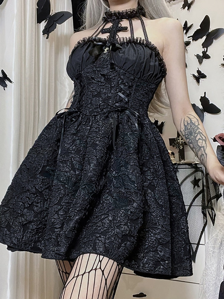 liwuka Mall Gothic Emo Jacquard A-line Dresses Elegant Grunge Ruched Bandage Partywear Punk Black Women Halloween Club Dress