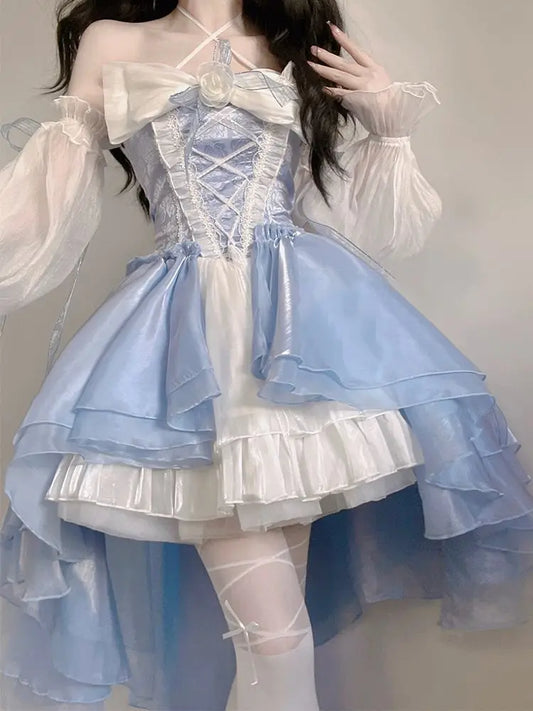 liwuka French Romantic Style Lolita Op Elegant Girl Cosplay Princess Puff Sleeve Ribbon Bowknot Flower Tunic Mesh Fantastic Fairy Dress