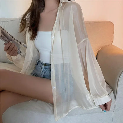 liwuka Fashion Women Holiday Beach Shirts See Through Chiffon Blouse New Summer Tops Sun Protection Clothes Long Sleeve Blusas