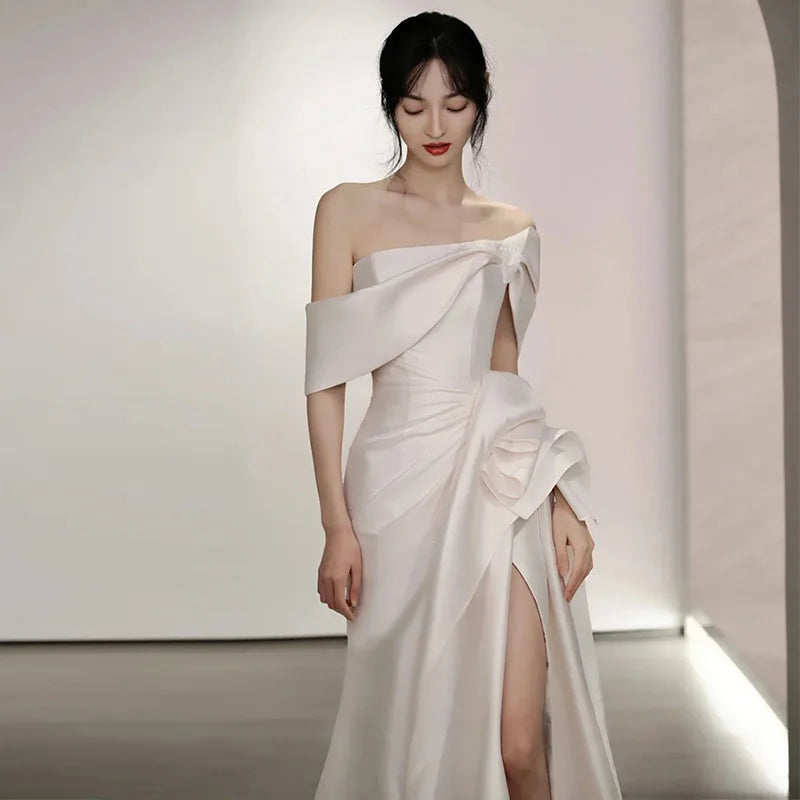 liwuka Off-The-Shoulder Satin High Split Twist Front Train Dresses For Wedding