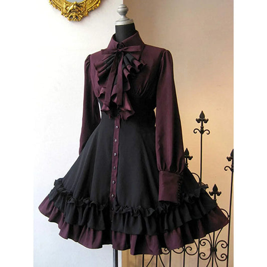 liwuka Autumn Elegant Lolita Black Gothic Women Lolita Dresses Big Size Bow Collar Pleated Lace Up Goth Vintage Chic Jurken Dress