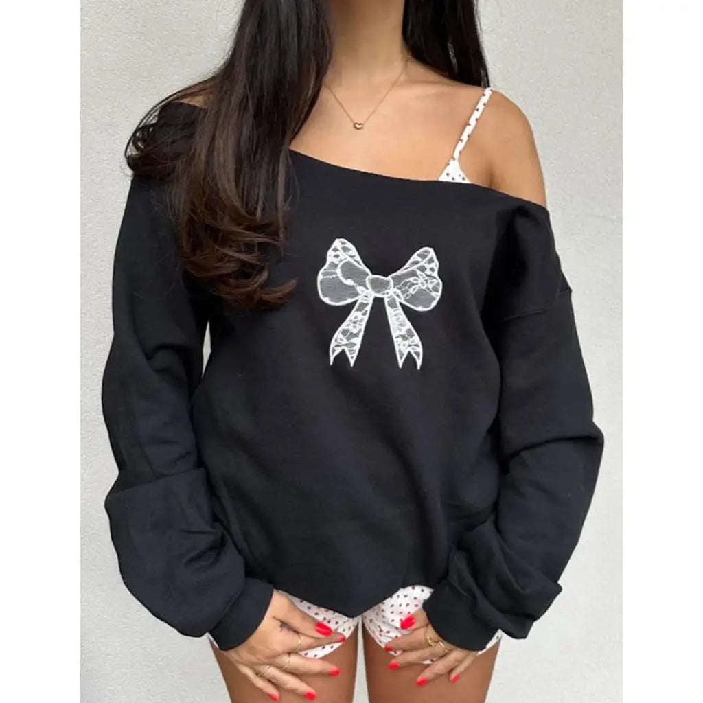 liwuka Women's Y2K Off-Shoulder Hoodies Sweatshirts Cute Aesthetic Print Loose Long Sleeve Pullovers Casual Tops Streetwear