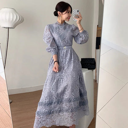 liwuka Retro Court Style Round Neck Lace Dress Hook Flower Design Loose Puffed Sleeves MIDI Skirt Elegant Swing Dress With Belt