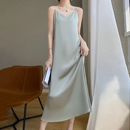 liwuka Silk High-Grade Dress New Spring/Summer Sleeveless V-Neck Dress Vest Slip Skirt Silk White With High-Grade Temperament